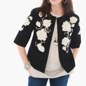 Chico's Embellished Floral Beaded Jacket Size 1 Black White Half Sleeve Open‎